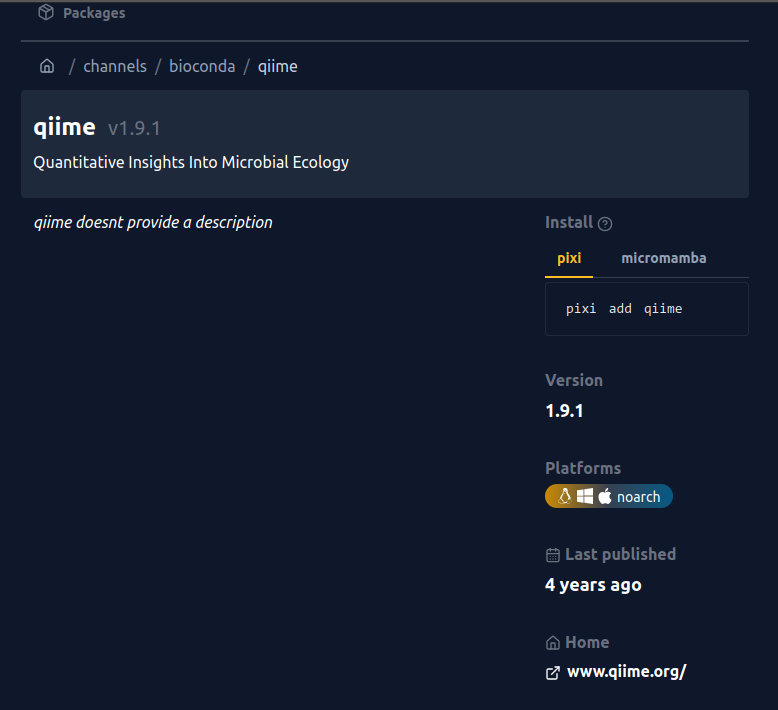 The main information for the qiime software shows the version.