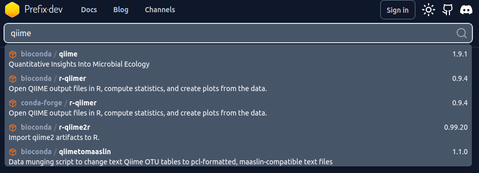 Searching for the qiime package on prefix.dev.